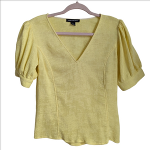 Something Navy Yellow Preppy Casual Micro Pleats Short Sleeves Top Extra-Small